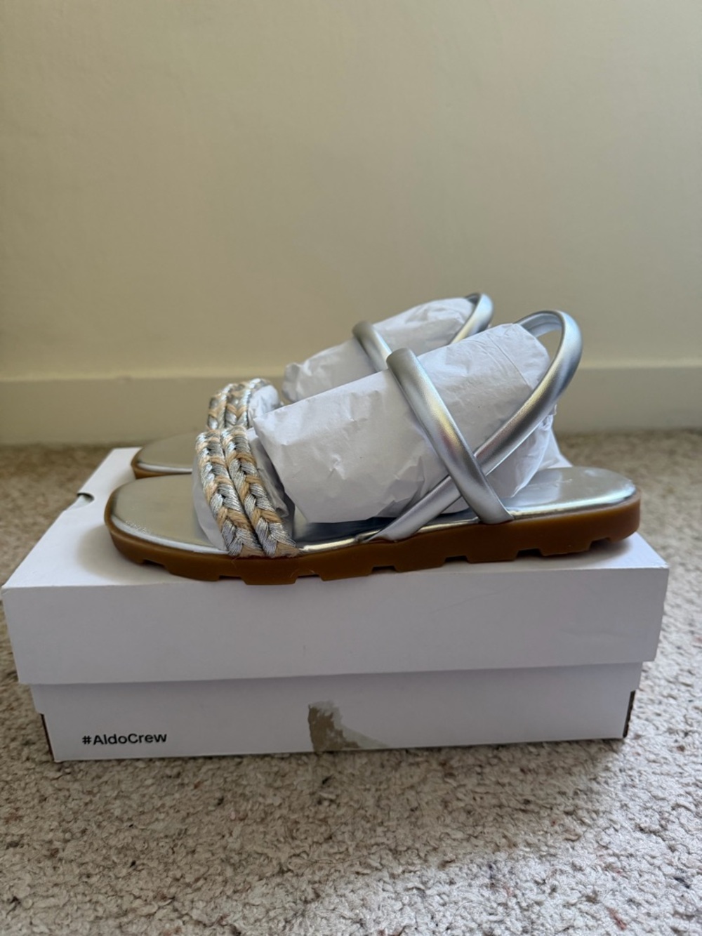 ALDO Silver Braided Strap Sandals Women Size 8.5 Metallic Flat Summer Shoes